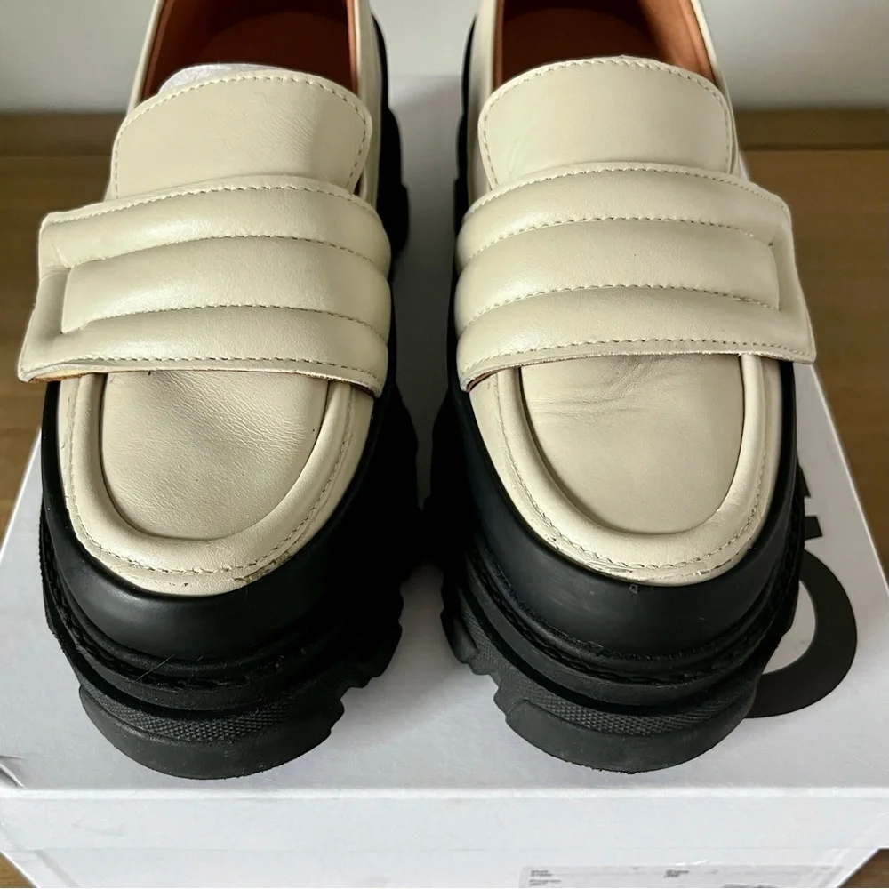 GANNI Off-White Leather Chunky Padded Loafers in Oyster Gray Women’s Size 8.5/39